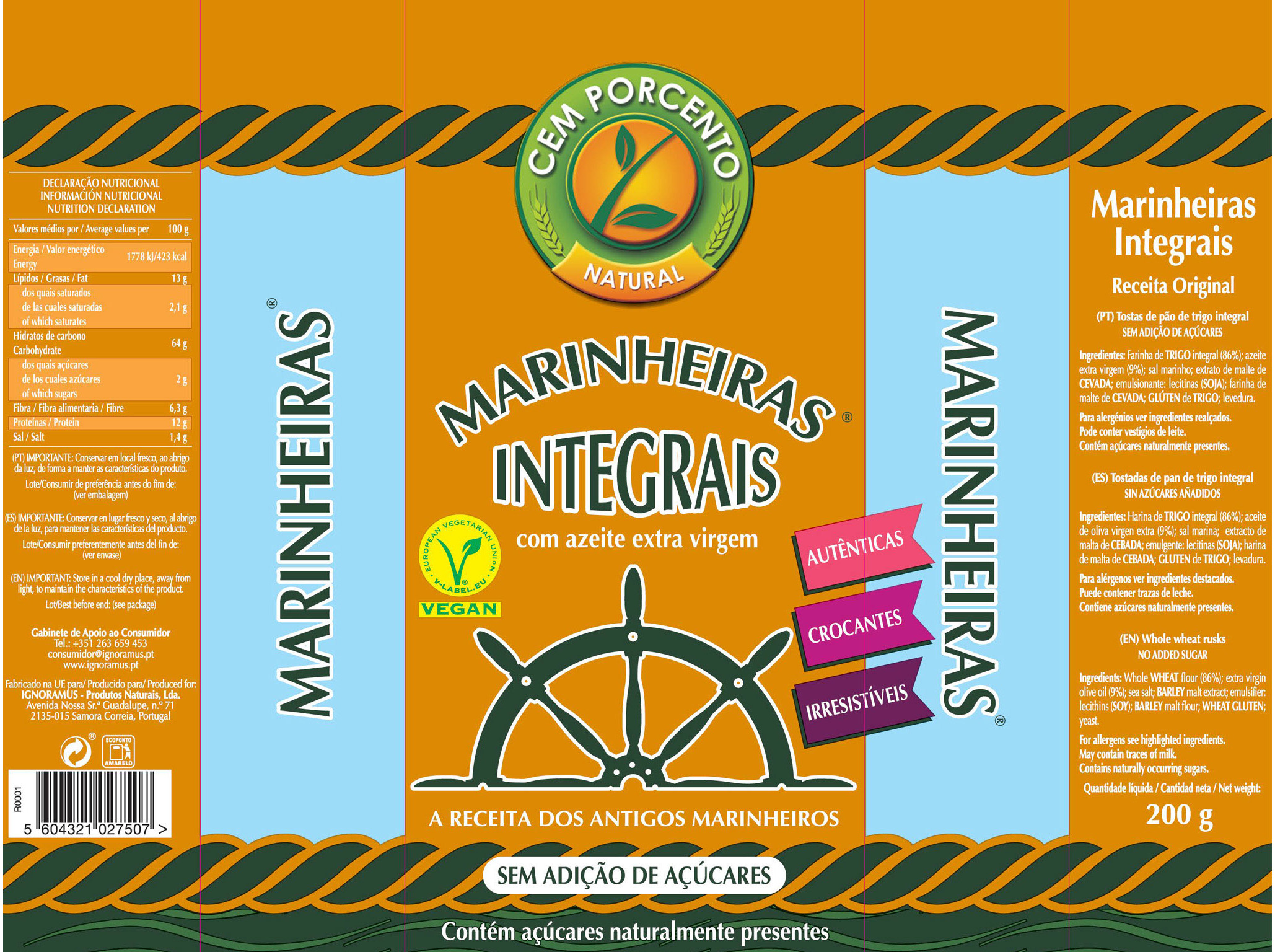 BOLACHAS CEM PORCENTO MARINHEIRAS INTEGRAIS 200G