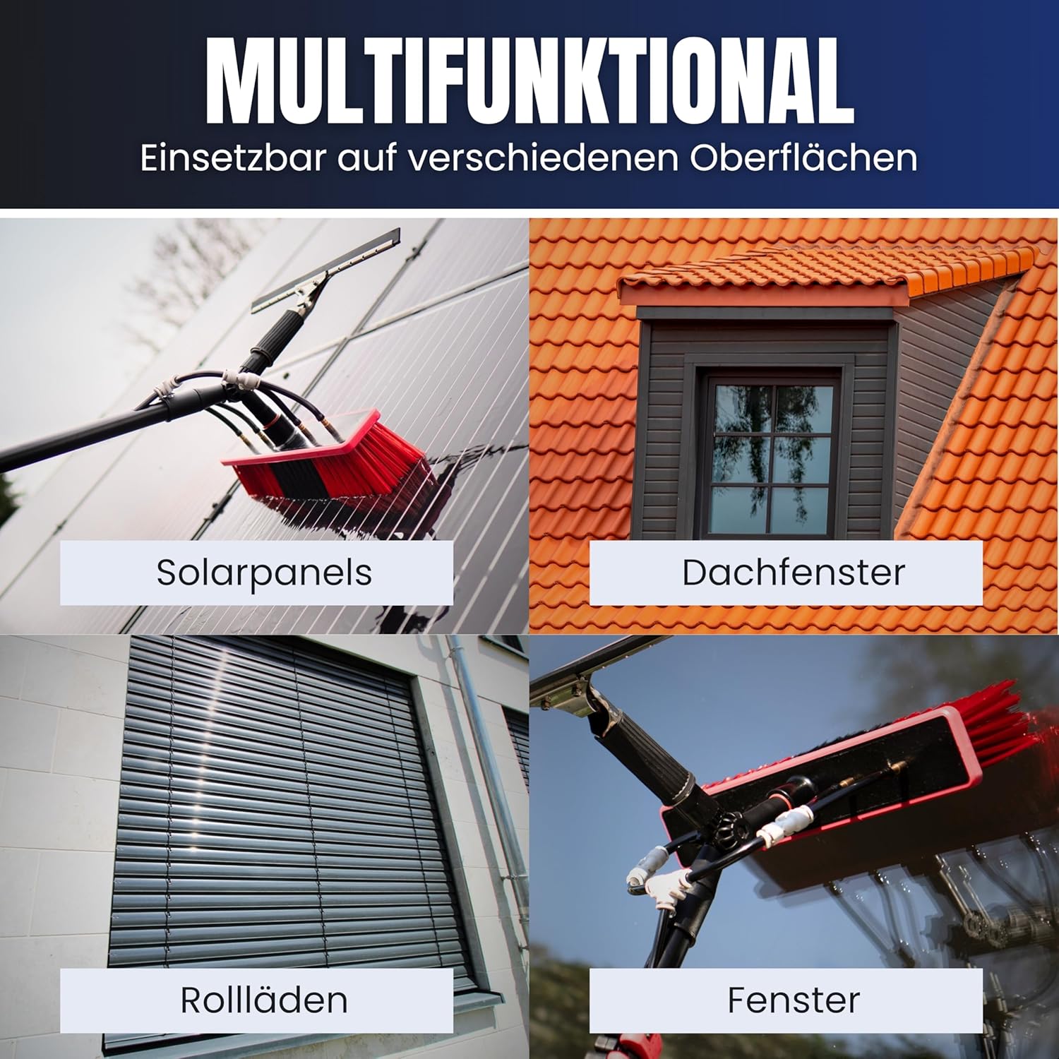 Teleskop Waschbürste 9 Meter mit Wasseranschluss – Teleskopstange mit Bürste für Fenster, Terrassendach, Glasdach & Wintergarten – Photovoltaik & Solarreinigung Kompatibel