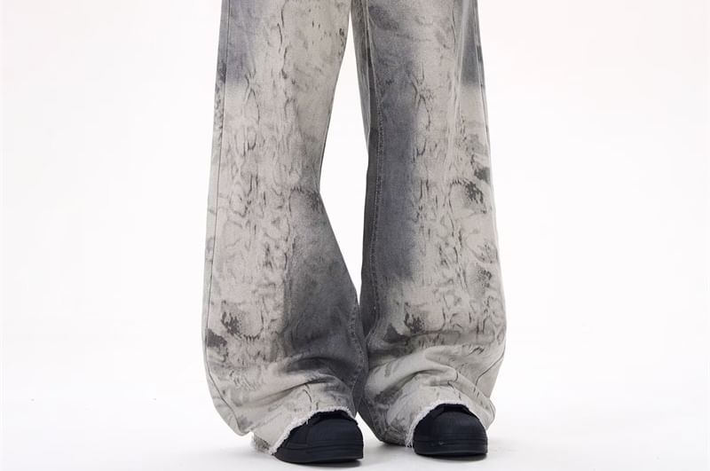 AXEN - Mid Rise Print Washed Wide Leg Jeans