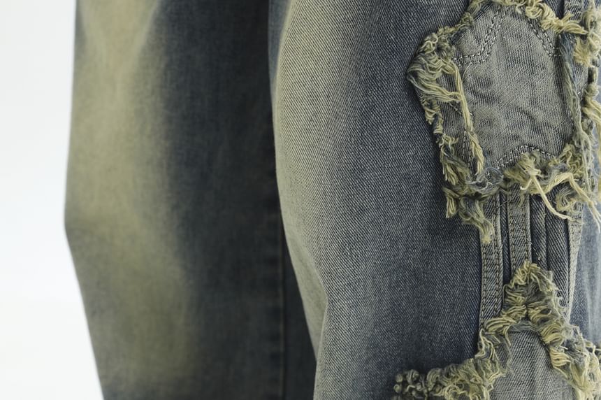 INStudio - High Waist Star Distressed Wide Leg Cargo Jeans