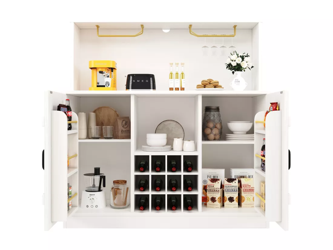 Buffet avec avec 3 portes et 12 Porte-Bouteilles - 120 x 40 x 120 cm - MDF - pour salon, salle à manger - Blanc