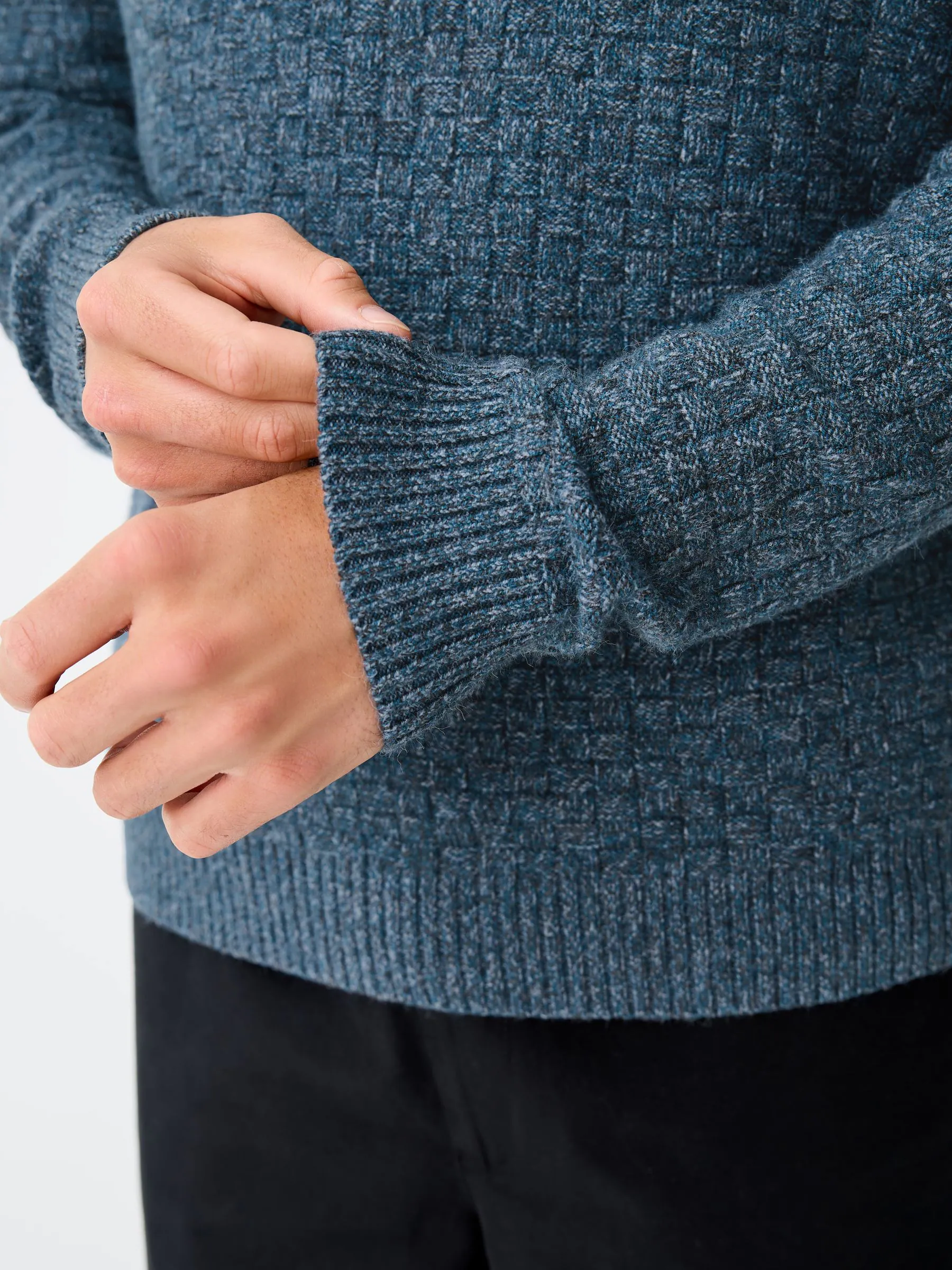 Blauw - Regular Fit Textured Crew Neck Knitted Jumper