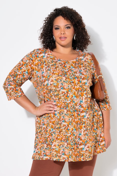 Longshirt, Blüten, A-Linie, Rundhals, 3/4-Arm