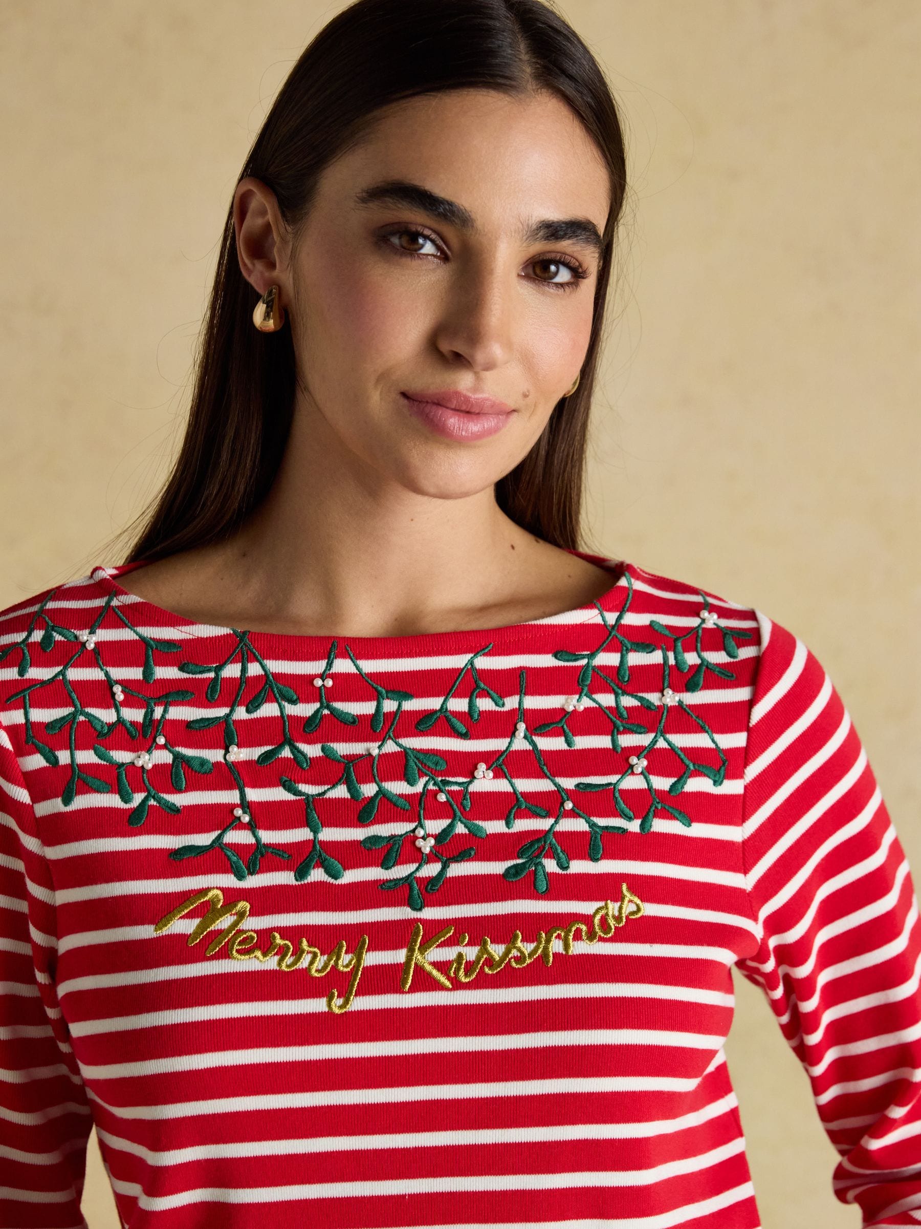 Merry Kissmas Red/Cream - Joules Christmas Harbour Boat Neck Breton Top