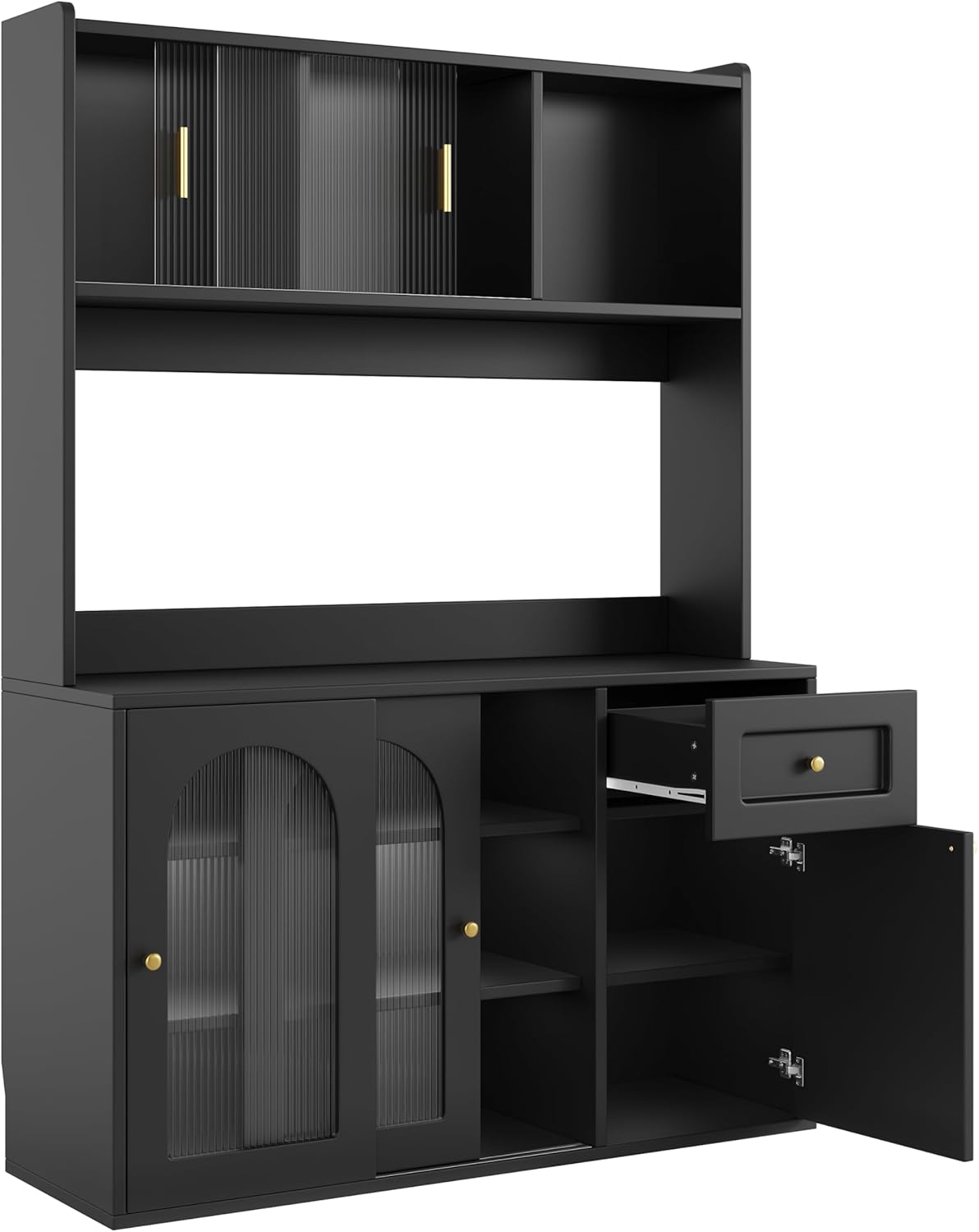 Küchenschrank, Hochschrank, Vitrinenschrank, Buffetschrank mit Verstellbaren Ablagen, Esszimmerschrank, Sideboard mit LED-Beleuchtung, Schwarz