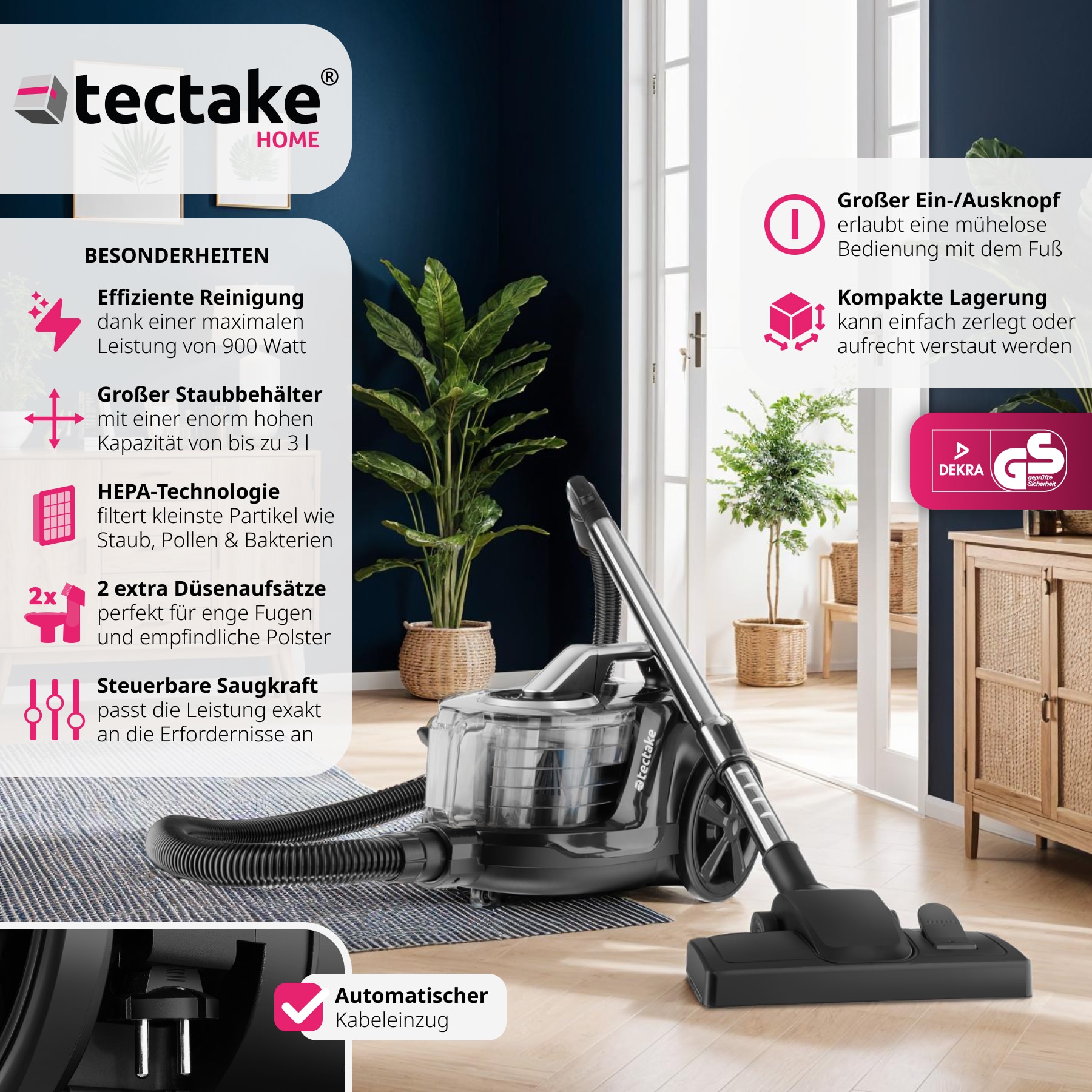 tectake® Staubsauger, 900 W, beutellos, HEPA-Filter, 3 l Staubbehälter, 43 x 27 x 88 - 117 cm
