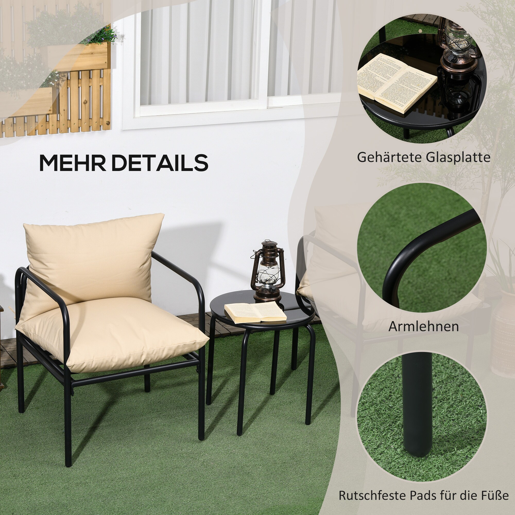 Outsunny Bistro-Set mit 2 Stühlen und Beistelltisch beige 58L x 58B x 66H cm