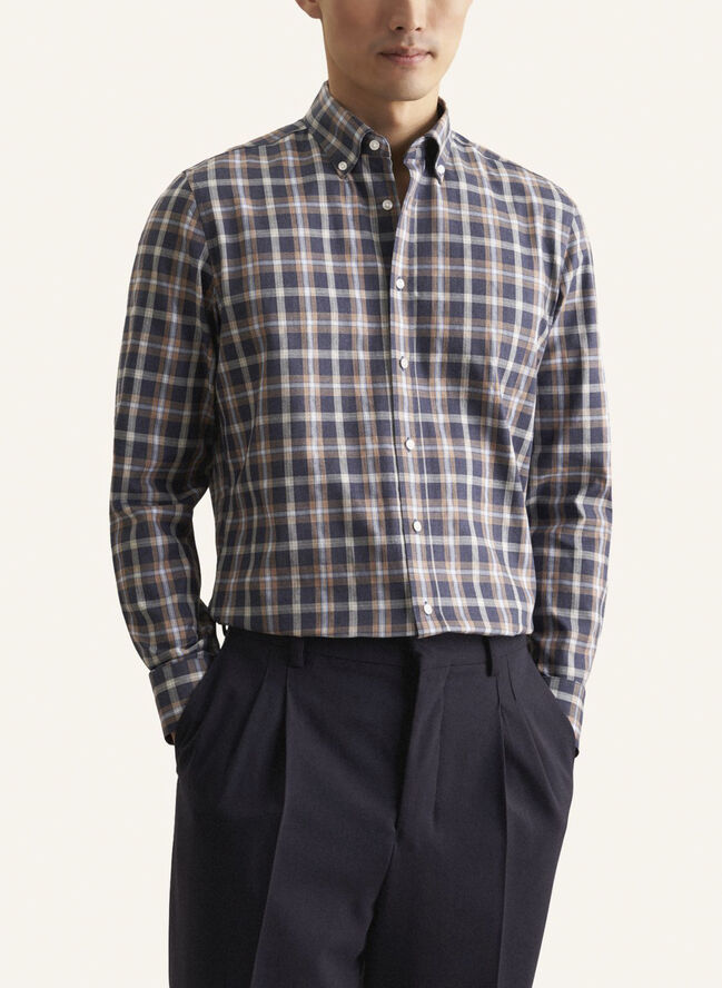 Seidensticker Flannel shirt Slim Long sleeve Button-Down-Collar Check Blue