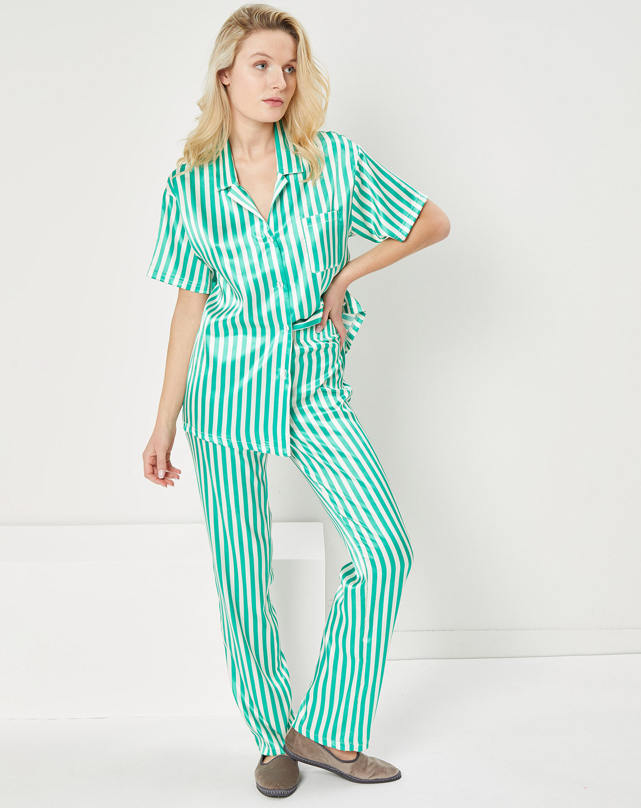 Quartier Latin Pyjama satiné Charlie à rayures vert/blanc