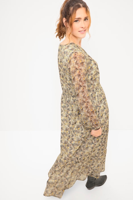 Maxikleid, A-Line, Leo Minimal, V-Ausschnitt, elastische Taille, Langarm