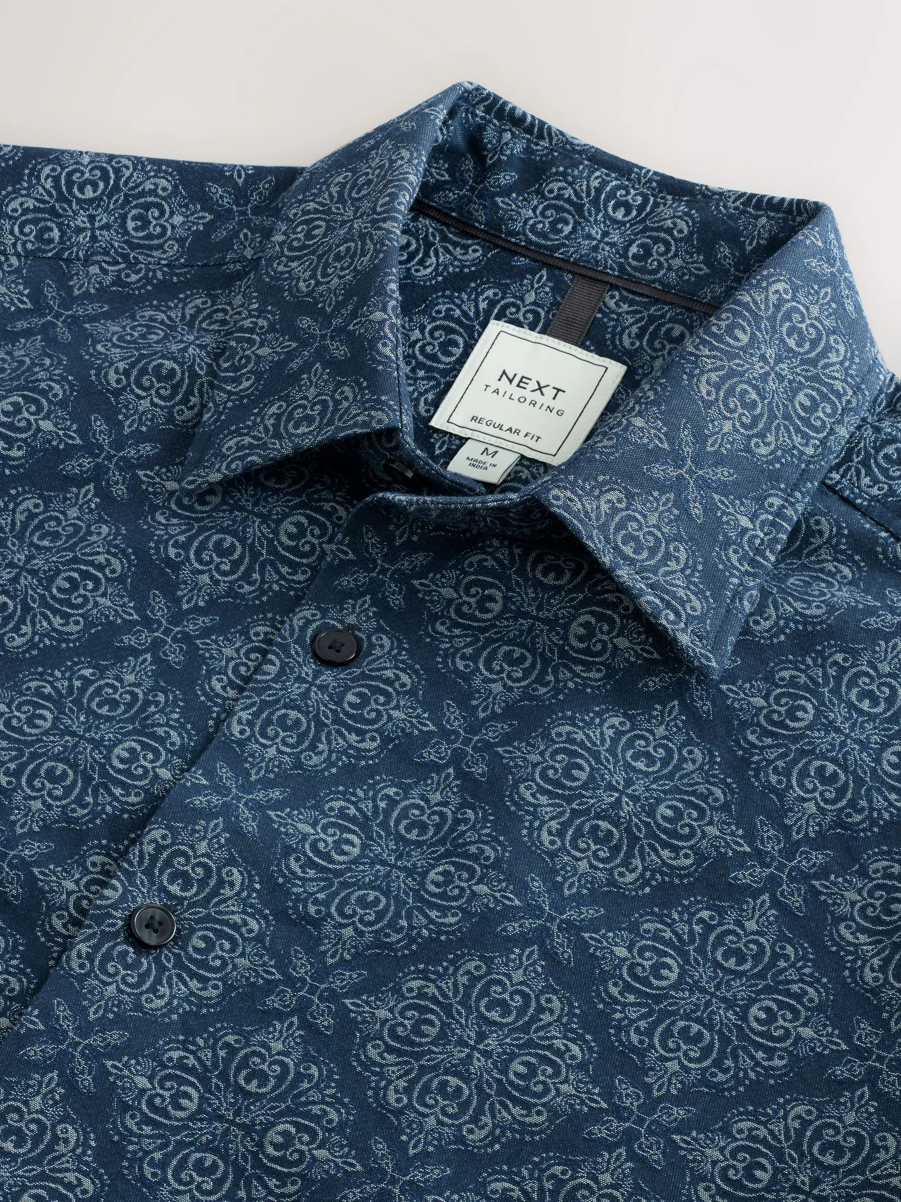 Marineblauw met ruitvormige print - Jaquard overhemd met lange mouwen