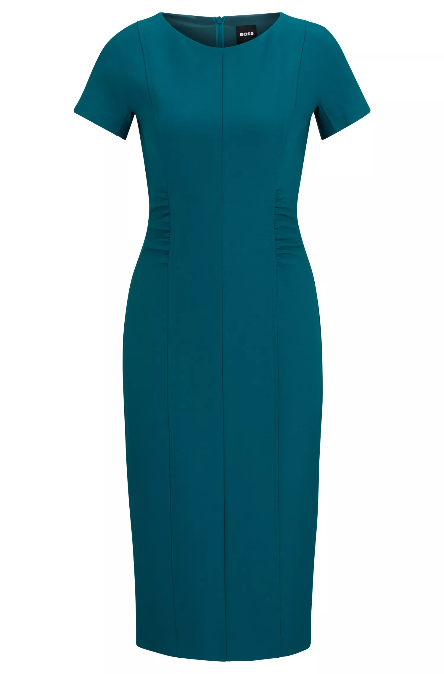 Vestido preto de negócios BOSS com fenda frontal e detalhes franzidos.