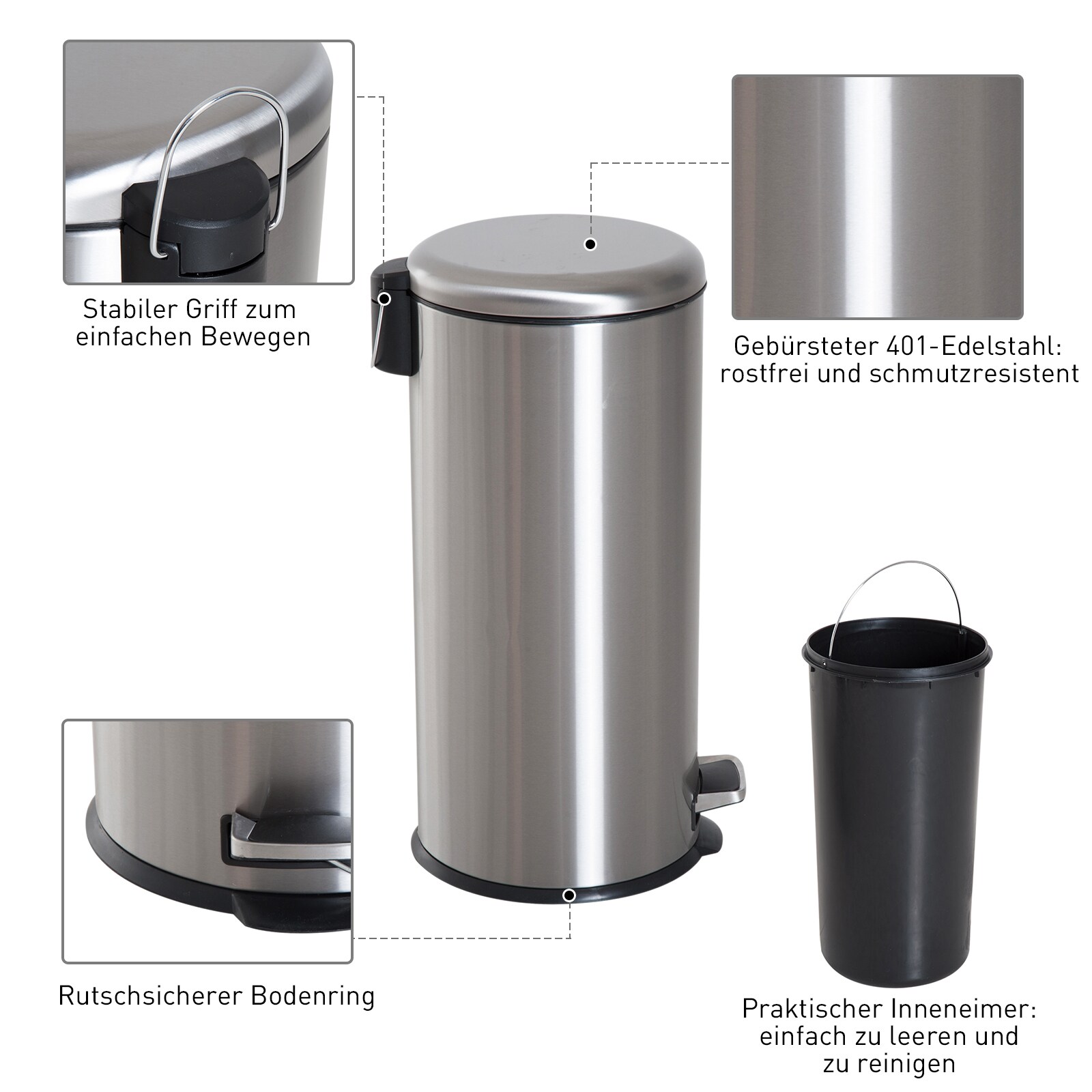 HOMCOM Pedal-Mülleimer mit Inneneimer silber, schwarz 29,2 x 62,9 cm (ØxH)