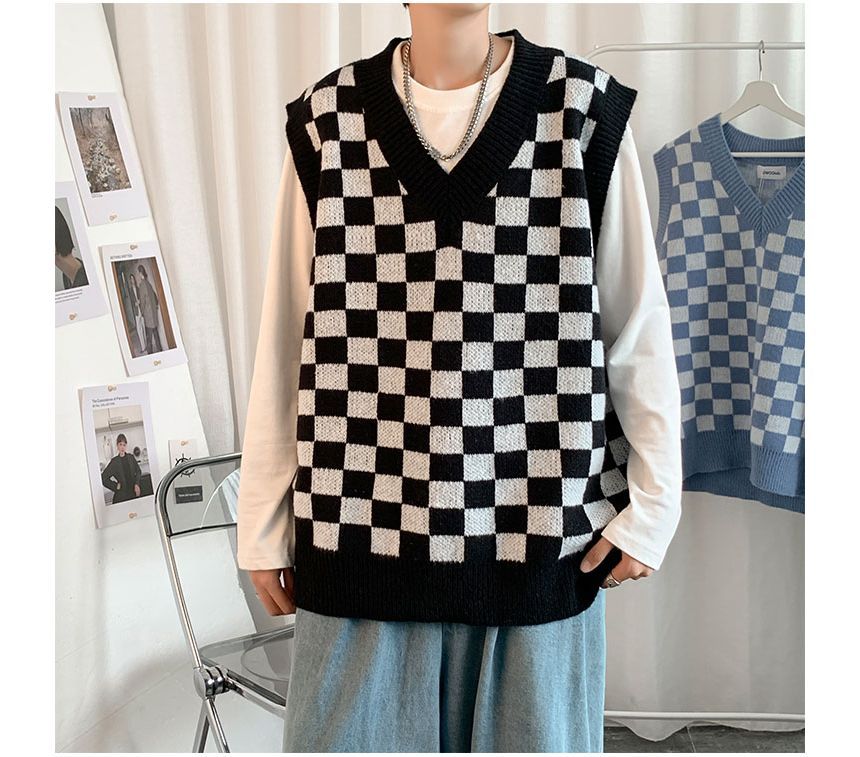 Whyessa - V-hals geruit oversized gebreid vest