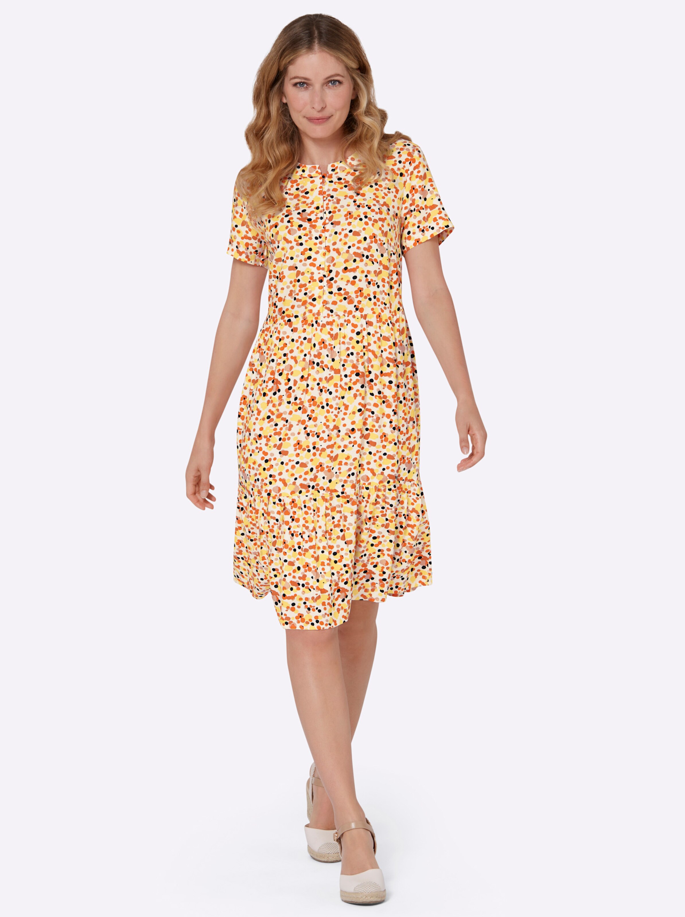 Druck-Kleid in ecru-mandarine-bedruckt