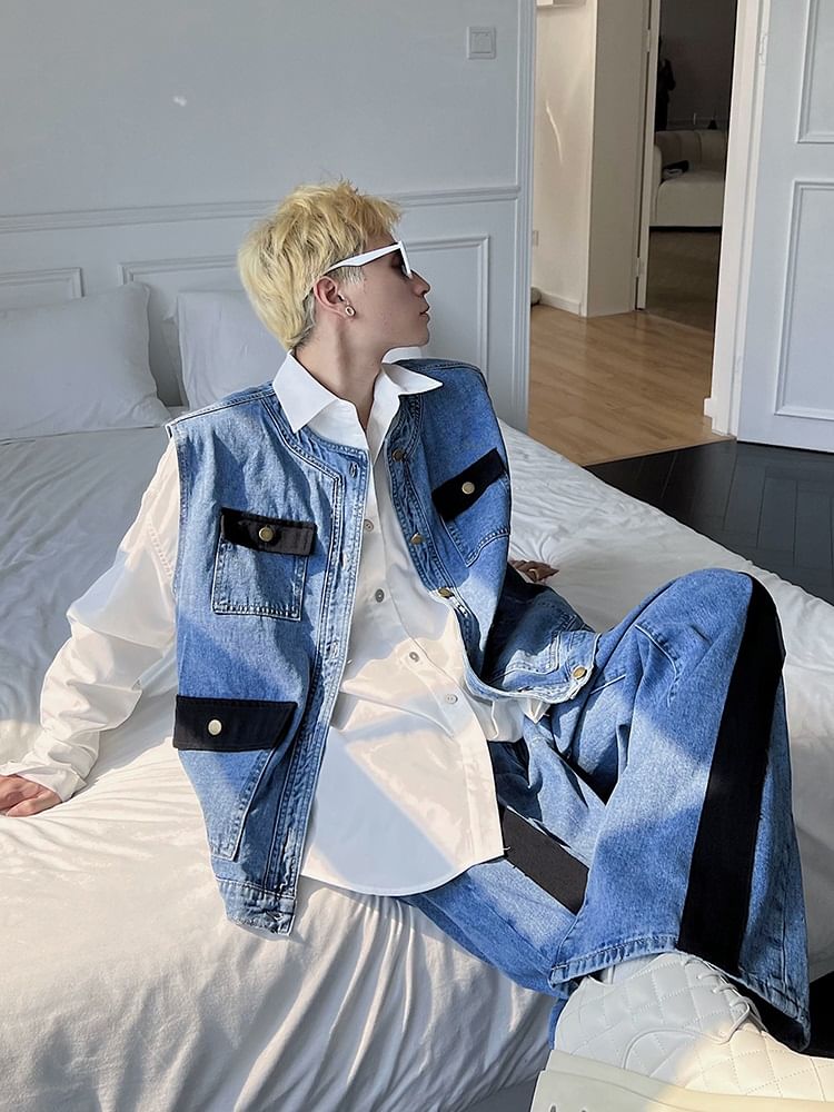 Adotuastic - Bandkraag gewassen denim vest met knopen / Mid rise tweekleurige wijde pijpen jeans