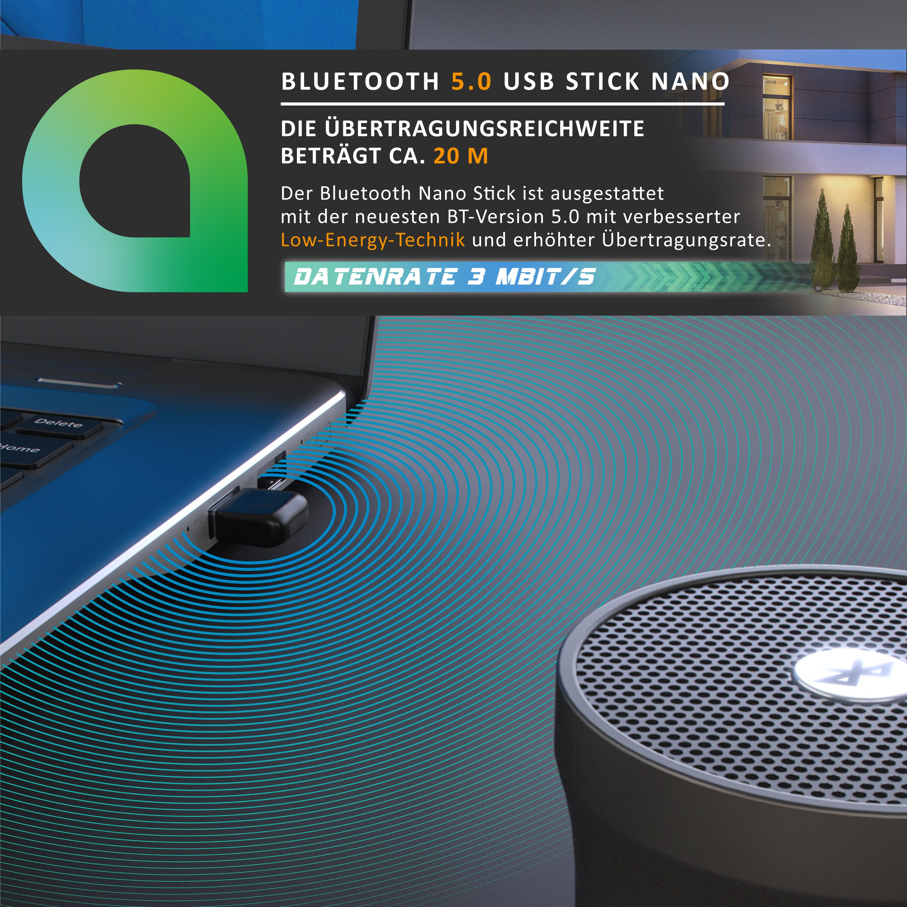 CSL USB Bluetooth Stick - BT V5.0 - Adapter, Dongle - für PC Laptop - unterstützt Bluetooth Kopfhörer, Lautsprecher, Mäuse, Tastaturen - 3 Mbit/s