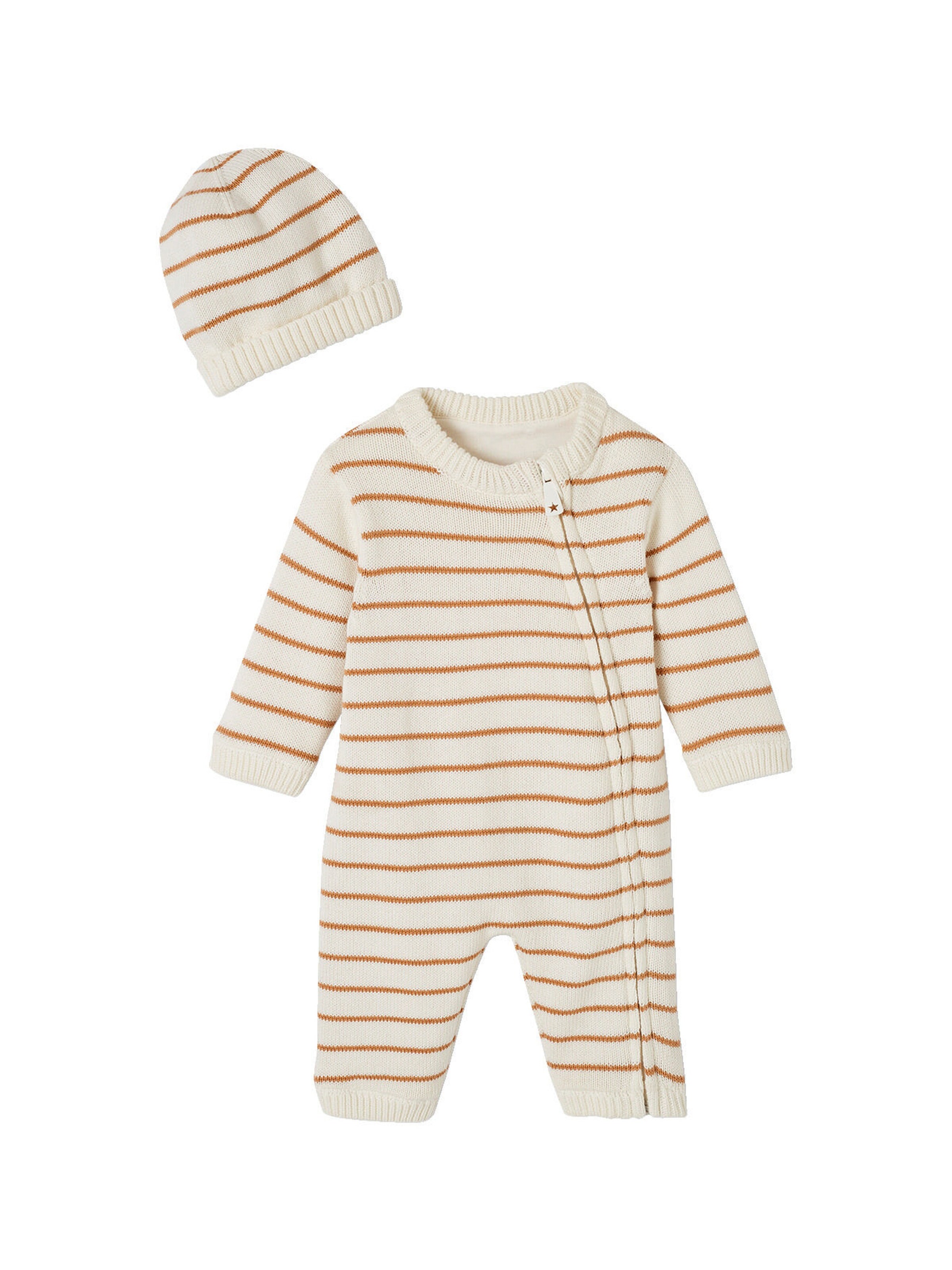 Vertbaudet Baby-Set aus gestreiftem Strick: Overall & Mütze hellbraun