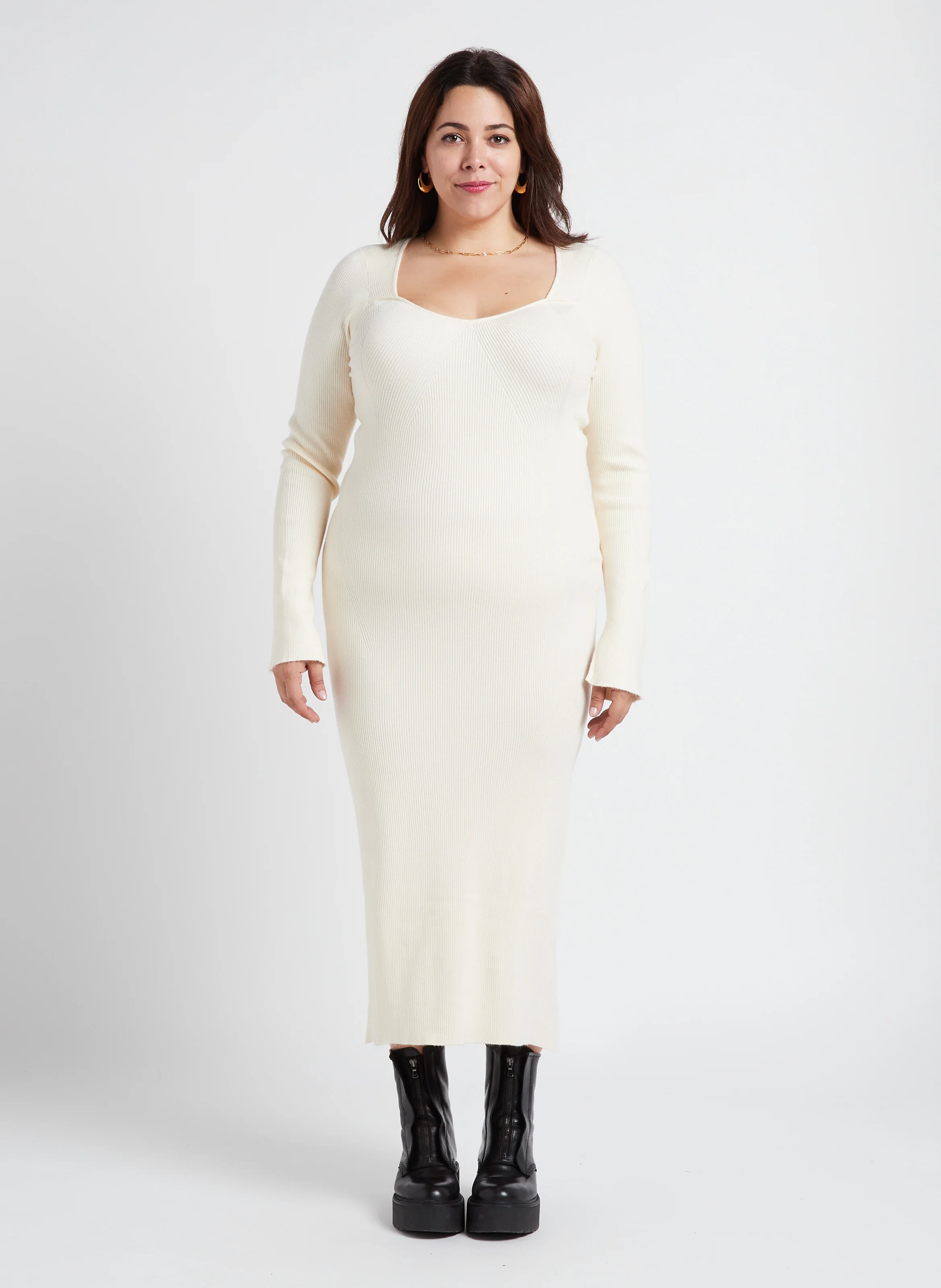 Robe longue col rond en maille côtelée| Blanc