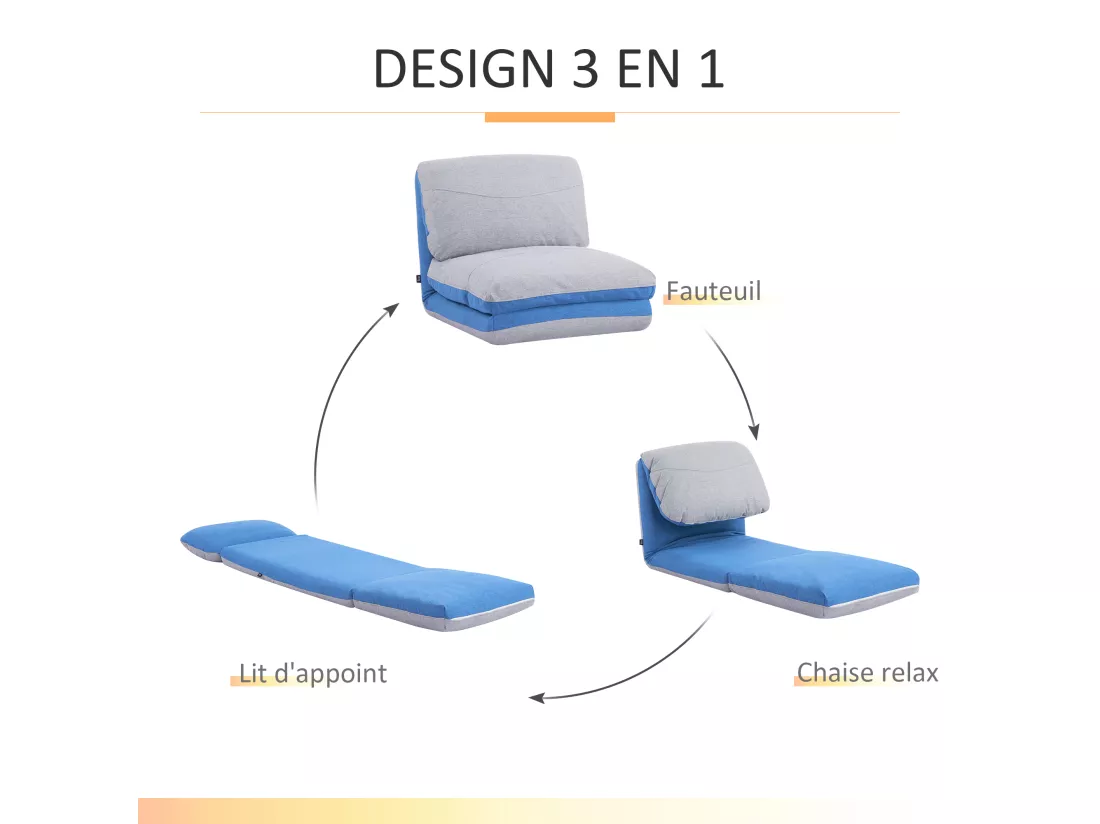 Chauffeuse - matelas d'appoint pliant - fauteuil convertible - inclinaison dossier réglable 5 positions - tissu polyester aspect lin gris clair bleu