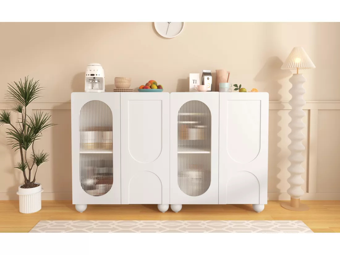 Buffet de cuisine avec 2 portes en verre - 80 x 32.5 x 99 cm - Bois MDF - Etagères réglables - Blanc