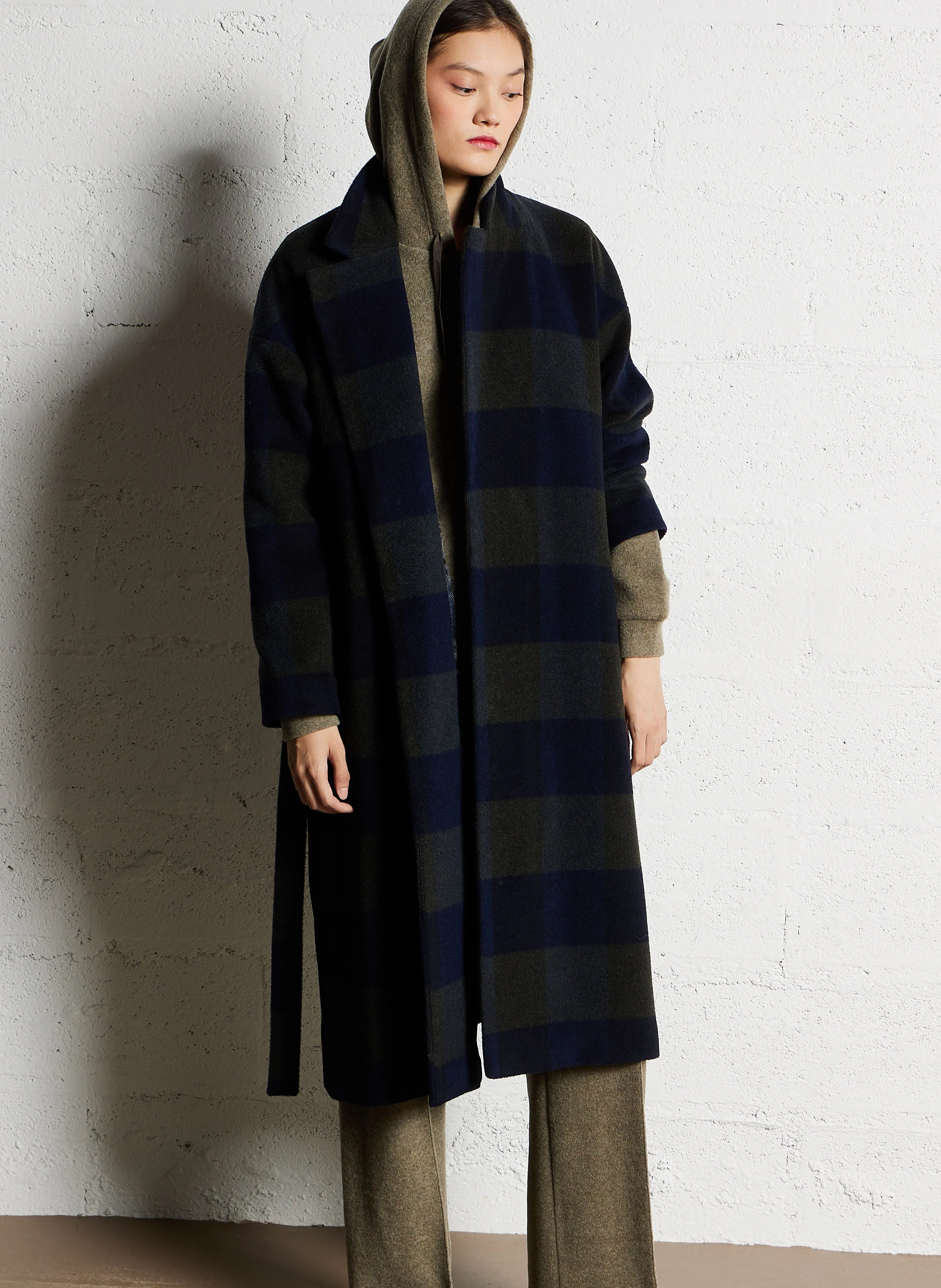 SAMY - Manteau long droit à carreaux en laine mélangée | Vert
