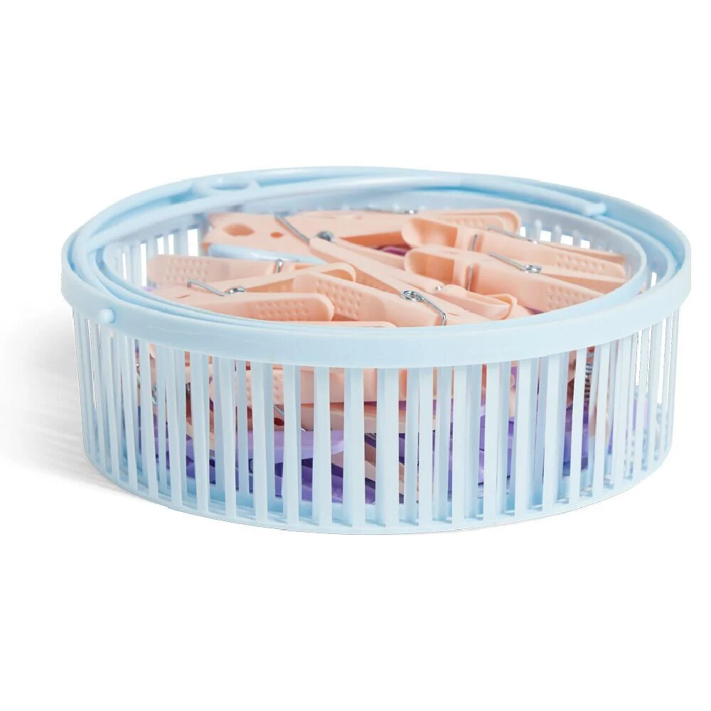 Panier avec 50 pinces à linge bleu - Ø20xH.17cm