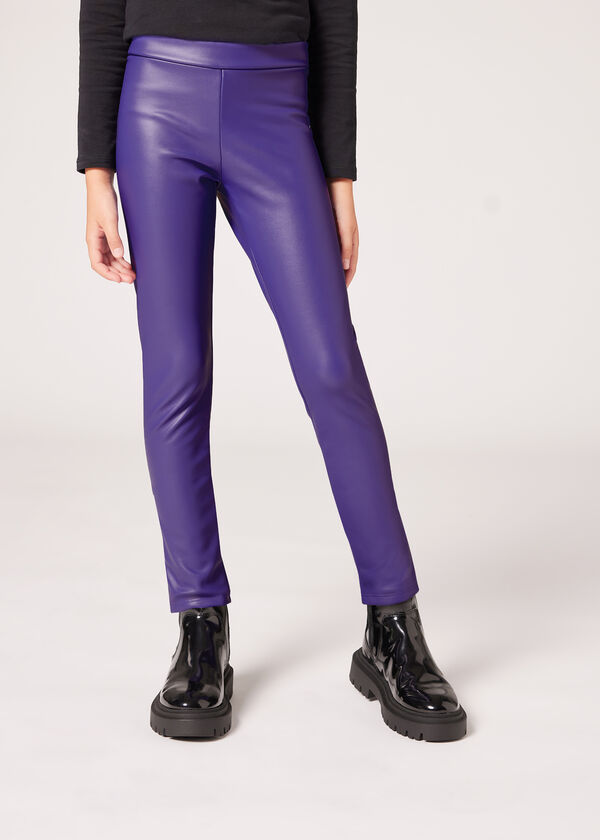 Calças legging térmicas com efeito de couro para meninas