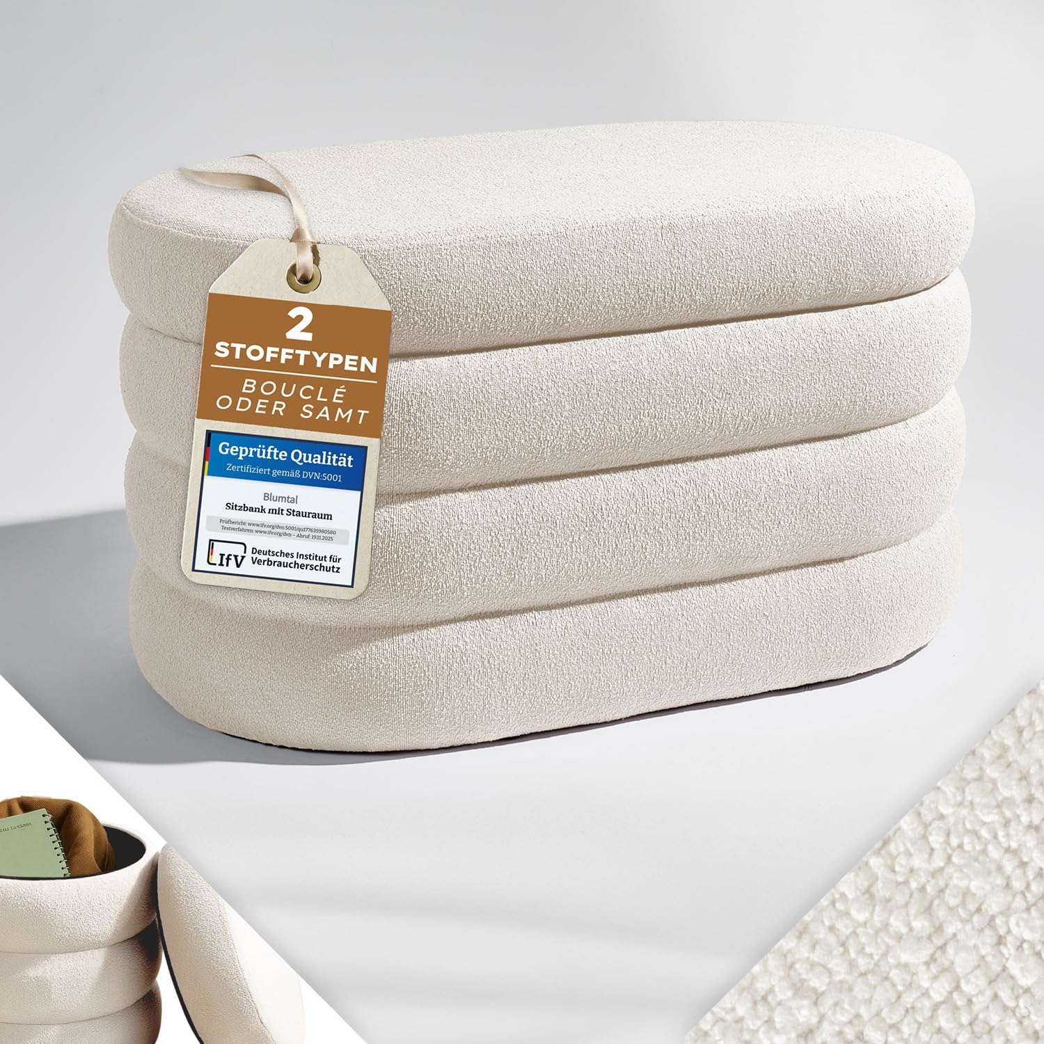 Blumtal Sitzbank mit Stauraum oval, Bouclé-Bezug - robuste Sitztruhe mit Stauraum & Bouclé-Stoff-Bezug 76 x 42 x 42.5 cm - Fusshocker gepolstert für Sessel - wunderschöner Bouclé-Look - Pouf Creme