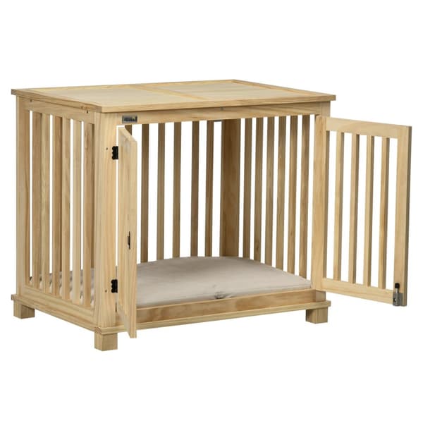 Hundebur, Dyrebur I Tre, Dyrebur For Mellomstore Hunder, Hundehus Med Pute, Hundeboks, Naturlig Tre + Kremhvit, 82,5 X 57 X 72 Cm