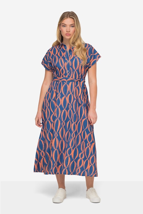 Leinenmix-Kleid, Allover Print, Hemdkragen, Taillengürtel, Halbarm