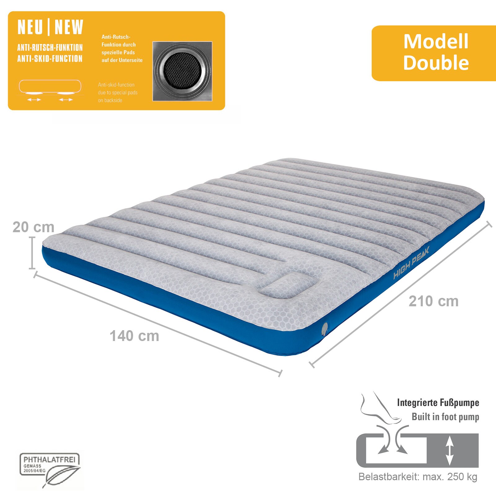 HIGH PEAK Luftbett Cross Beam XL - Isomatte Camping Luftmatratze Gästebett Pumpe Größe: Single