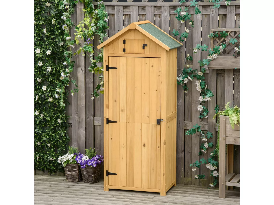 Armoire abri de jardin remise pour outils 3 étagères 2 portes loquets toit pente bitumé 77L x 54l x 179H cm sapin traité lasuré