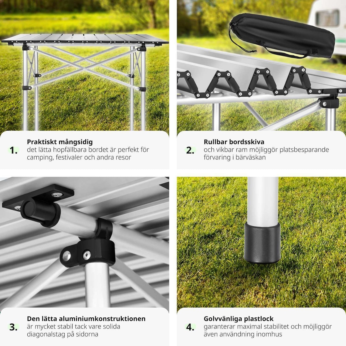 Aluminium campingbord sammenleggbart 70 x 70 x 70 cm - grå