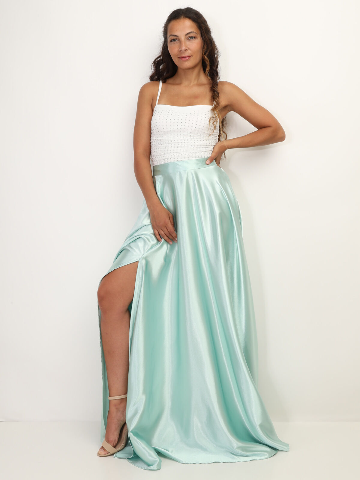 Jupe longue taille haute effet satiné- Vert clair