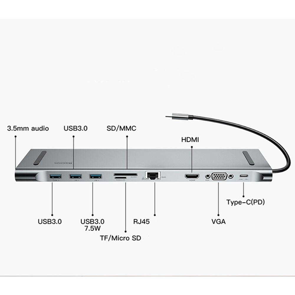 10in1 USB C Multiport Adapter mit USB C (PD) / 4K HDMI / VGA / LAN / 3x USB 3.0 / 3.5mm Audio / SD & Micro SD Slot - Dunkelgrau (Space Grau)