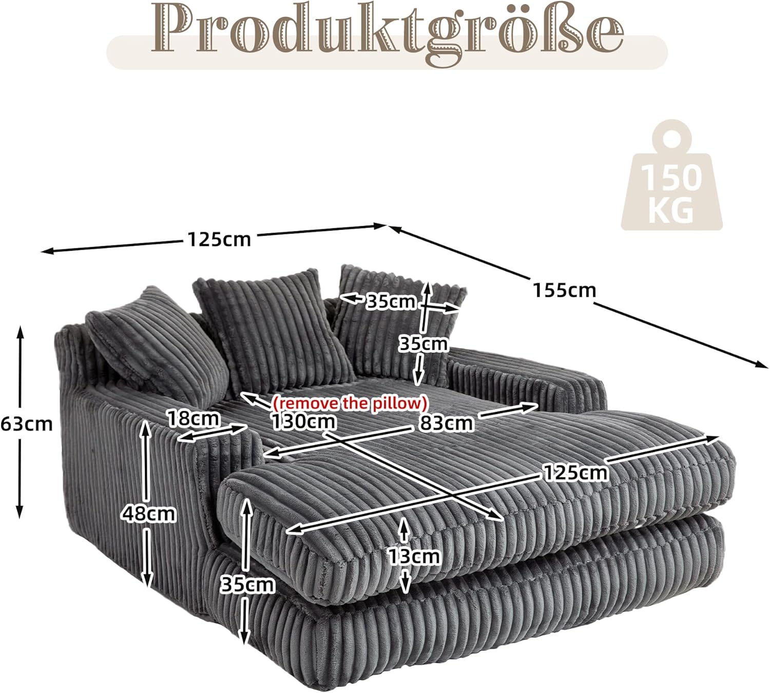 Cord Schlafsofa, Couch mit Armlehnen, Cloud Couch mit 3 Weichen Kissen, Bequemes Einzelsitz-Bodensofa, Loungesofa, Schlafsessel für Wohnzimmer, Schlafzimmer, Büro, 125x155x63 cm, Grau