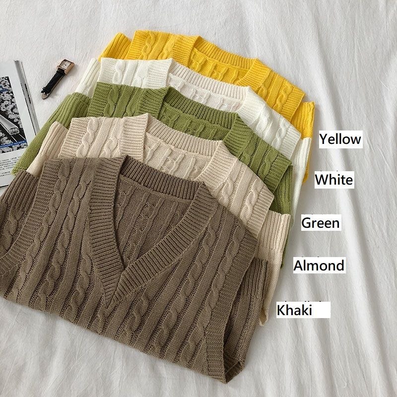 DIYI - Effen kabelgebreid vest met V-hals