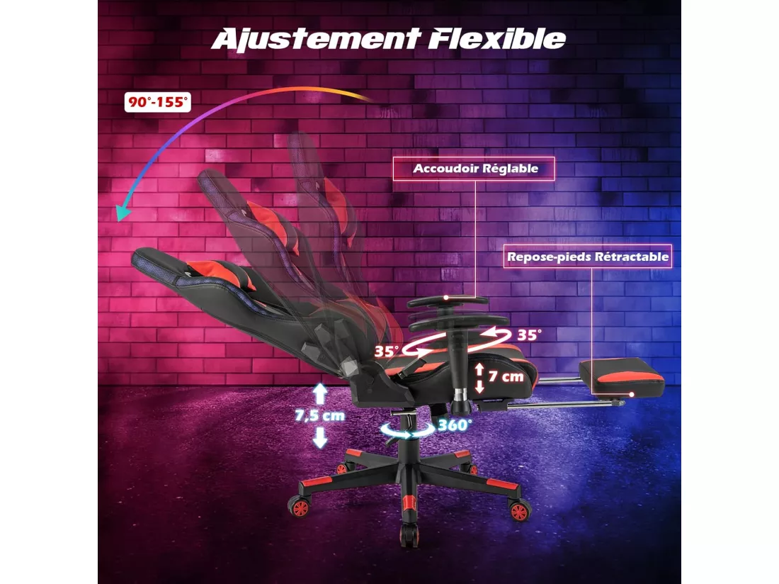Chaise Gaming RGB/LED, Chaise Gamer Ergonomique avec Soutien Lombaire, Fauteuil Gamer avec Accoudoir Réglable, Appui-tête (Rouge)