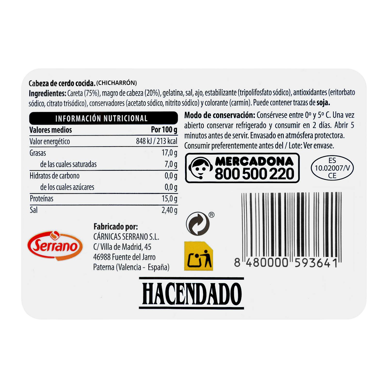 Tête de porc finement tranchée Hacendado