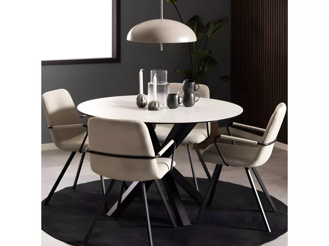 Eurame - Table à manger 4 personnes ronde en céramique et métal - Blanc