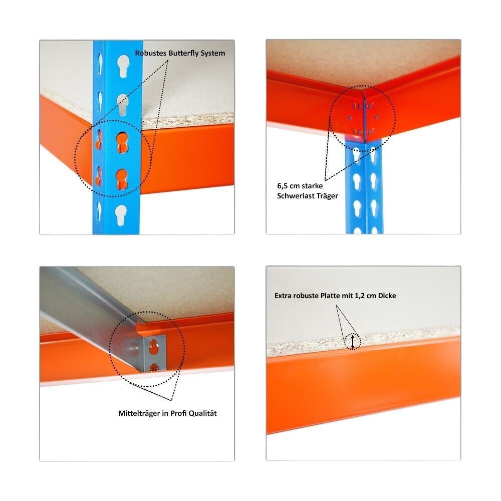 PROREGAL Heavy-Duty Stellingkast Wood Beast Four HxBxD 200 x 240 x 90 cm 4 Planken Plankdraagvermogen 400 kg Blauw-Oranje
