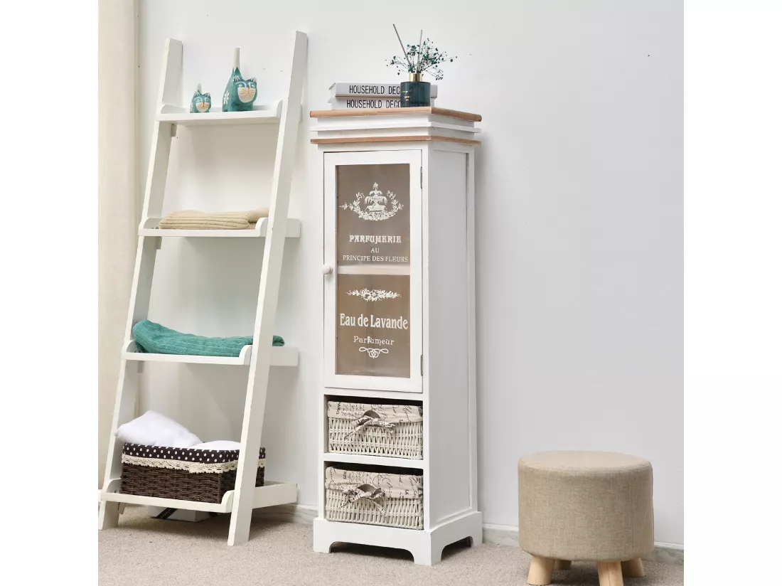 Meuble 2 Paniers 1 Port Bois Osier Blanc 102x32x27