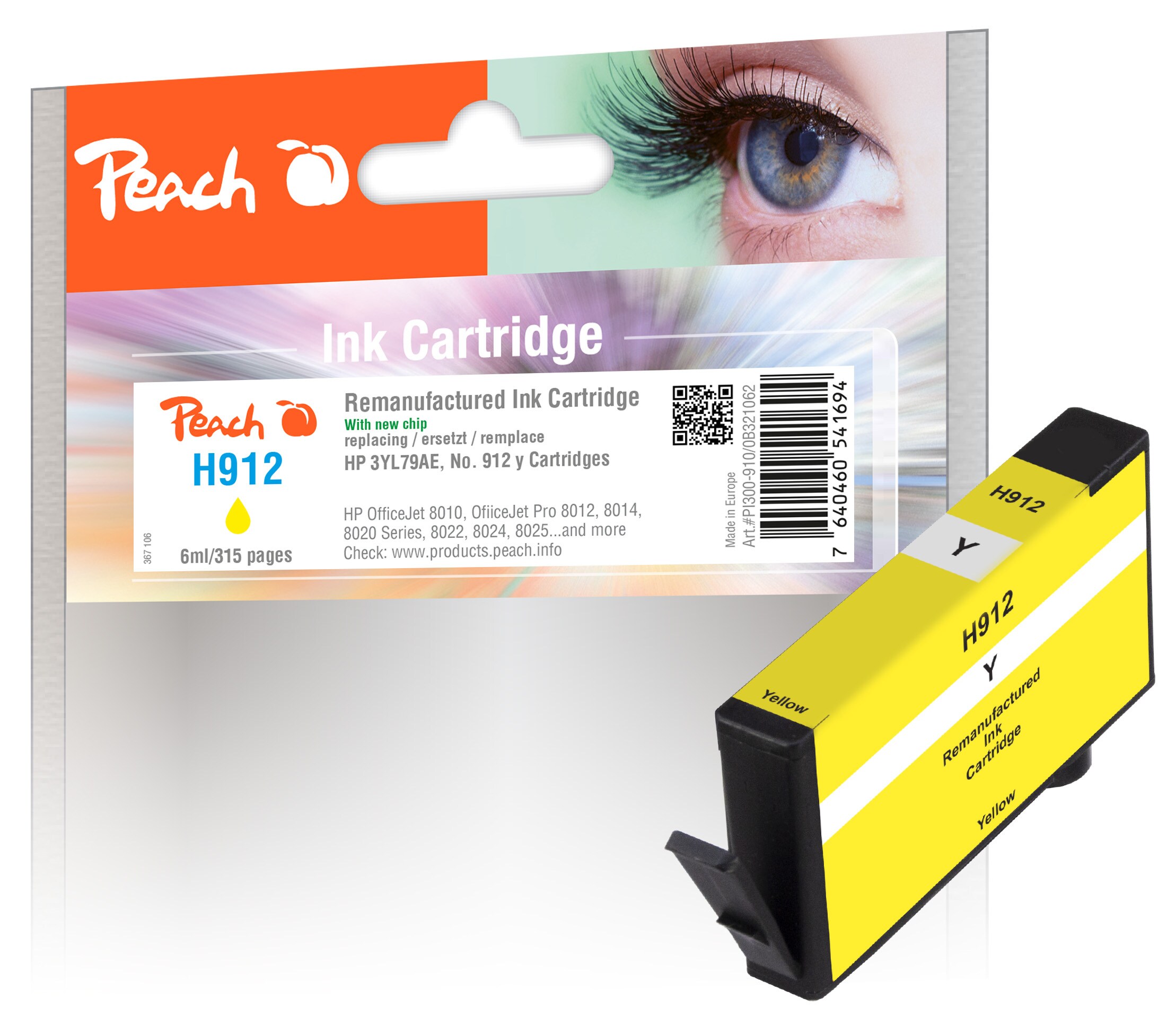 Peach HP 912 Y Druckerpatrone ye ersetzt HP No. 912 Y, 3YL79AE für z.B. HP OfficeJet Pro 8014, HP OfficeJet 8010, HP OfficeJet Pro 8012 (wiederaufbereitet)