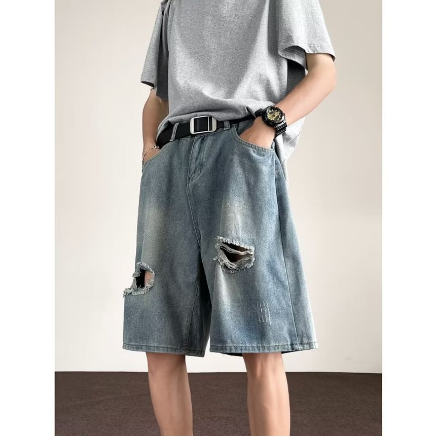 Kimeya - Mid Rise Washed Distressed Wide Leg Denim Shorts