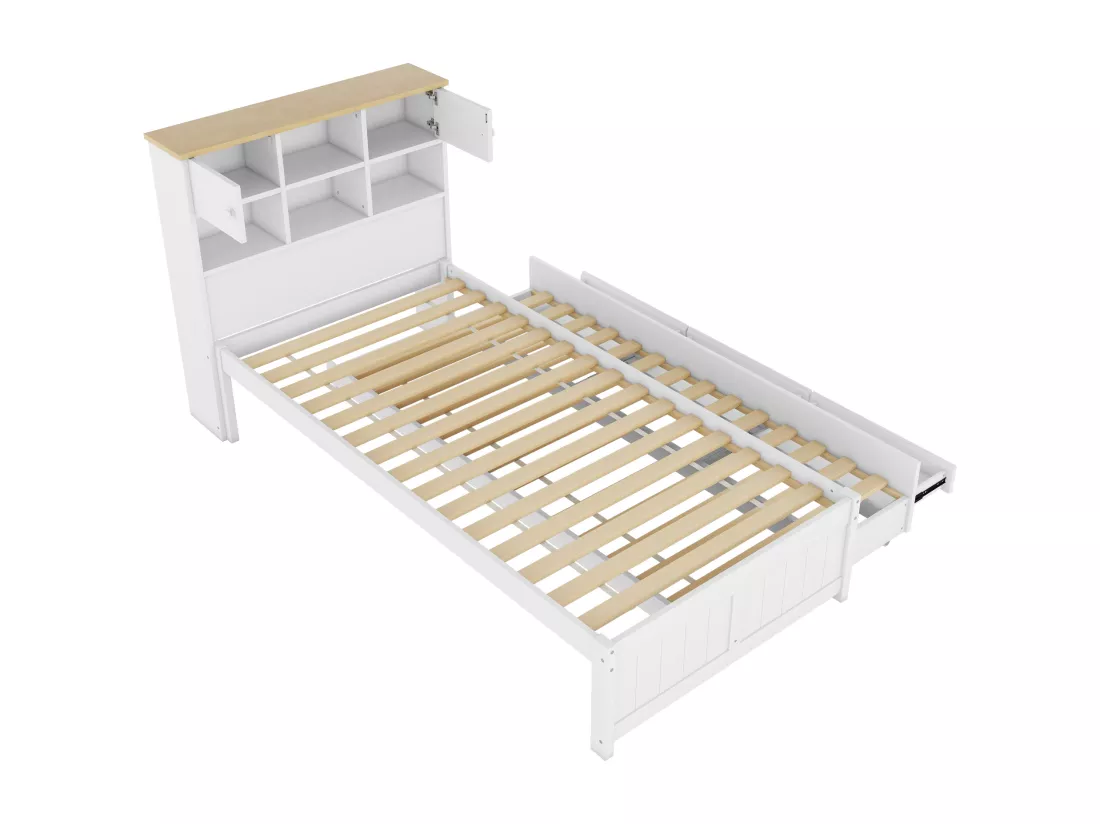 Lit gigogne avec rangements et 3 tiroirs - 90 x 200 et 90 x 190 cm - bois MDF - blanc - LOSIANA