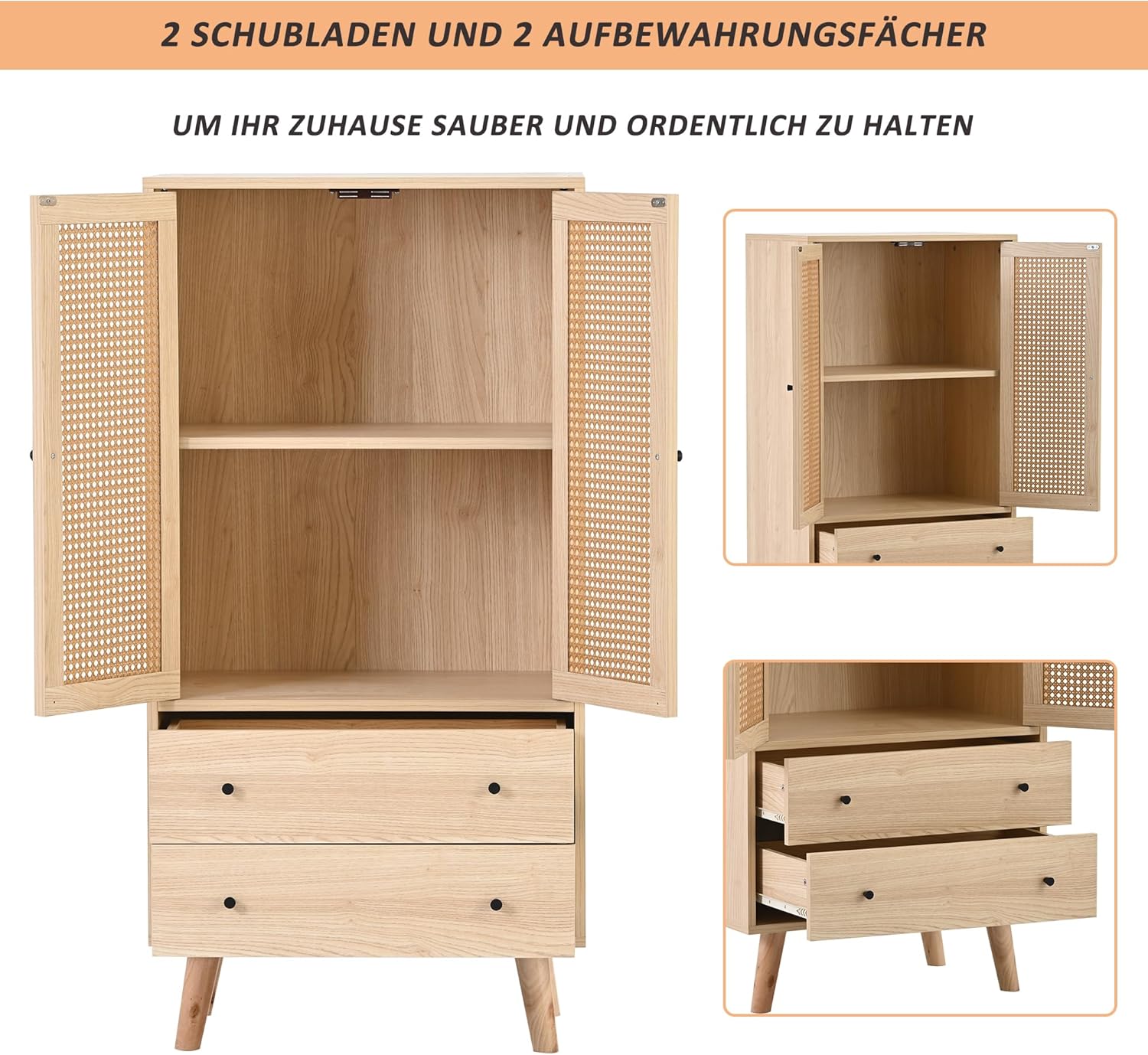 Merax Rattan Sideboard Kommode Wohnzimmer mit 2 Rattantüren und 2 Schubladen, Sideboard Holz Buffet Aufbewahrungsschrank Küchenschrank mit 4 Stauräumen, Eiche/60x40x120cm