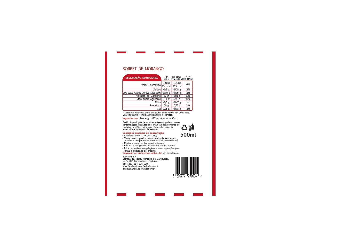 GELADO SANTINI MORANGO 500ML