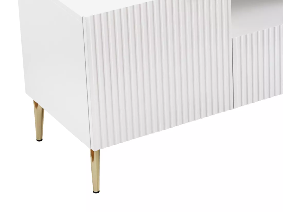Meuble TV avec 2 portes, 2 tiroirs et 2 niches en MDF et acier - Blanc et doré - YESINIA