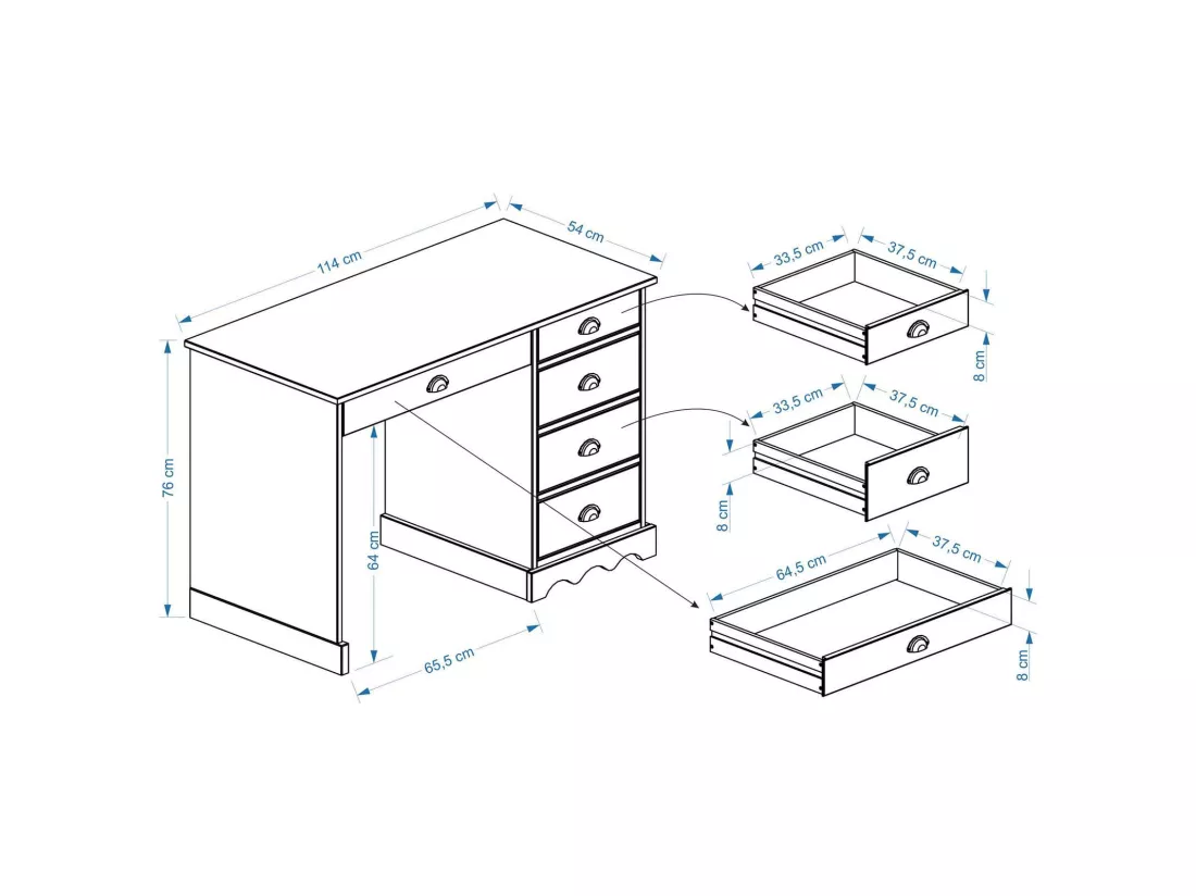 Bureau COLETTE rangement avec 5 tiroirs et poignées coquille, en pin massif lasuré blanc
